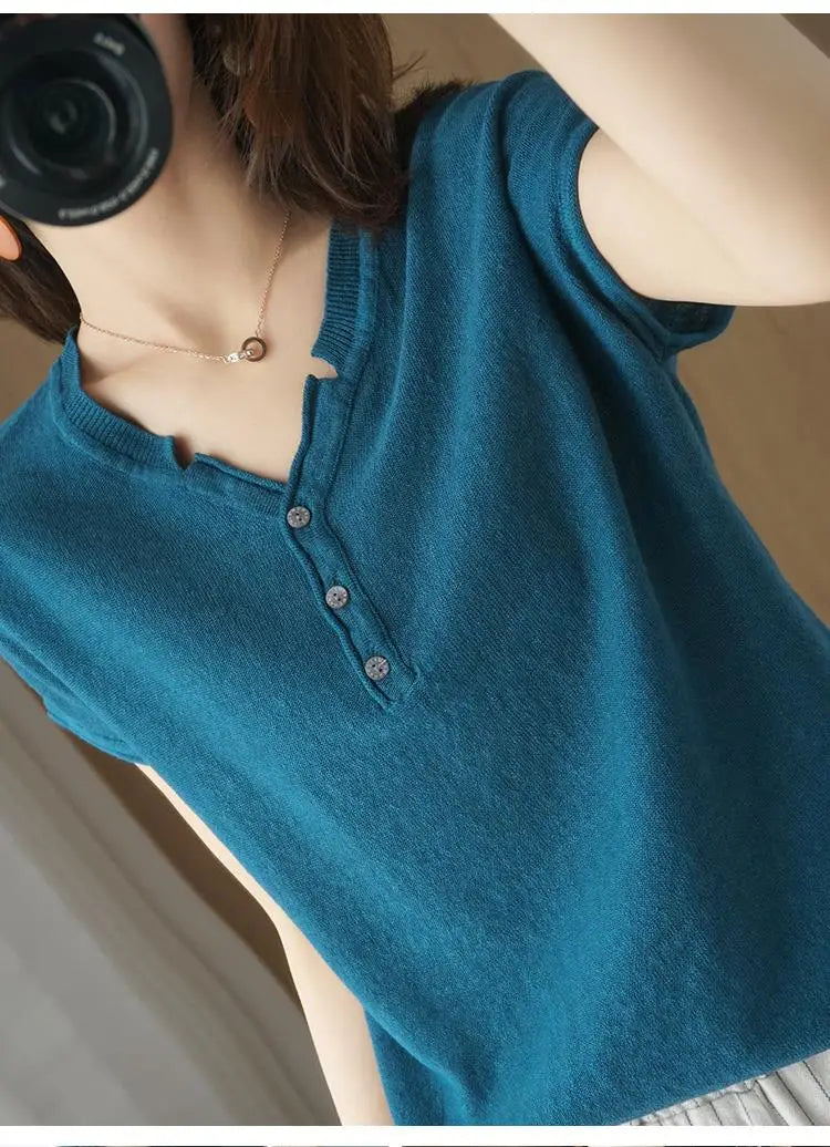 Summer 100% pure cotton women's T-shirt V-neck knitted short sleeved loose Tees solid color pullover button Tops basic versatile