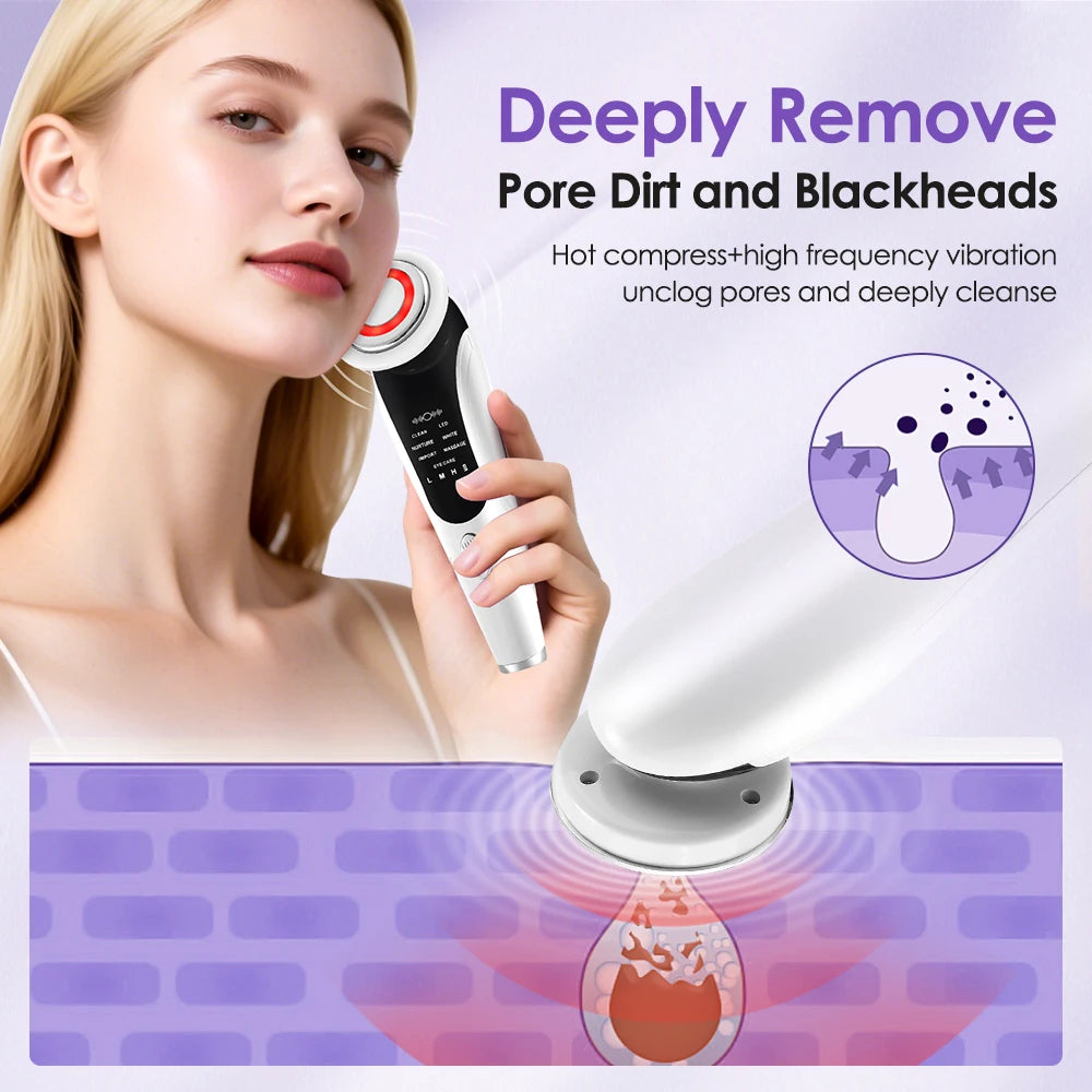 7 in 1 EMS Facial Massager Face Beauty Instrument with Induced Vibration and Hot Compress Face Skin Care Tool LED Light Therapy , Women