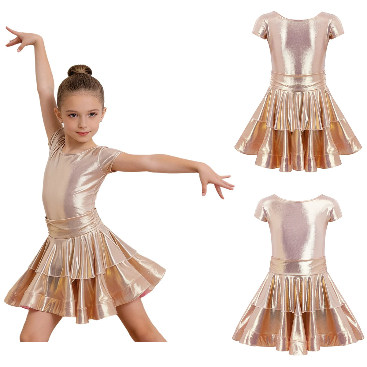Girls cap-sleeve tiered metallic Latin dress