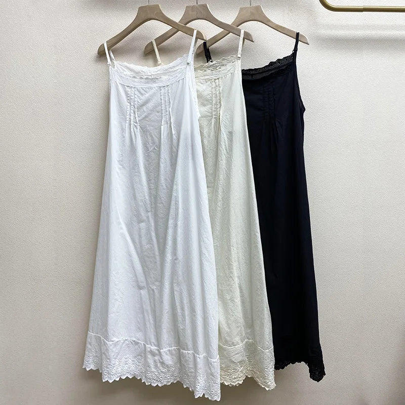 Johnature 2026 Summer New Japanese Casual Spaghetti Strap Thin All Match Dress For Women Solid Color Cotton Female Dresses