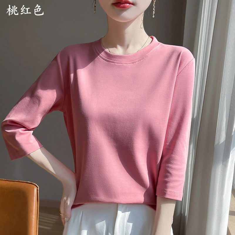 Women's Mercerized Cotton T-Shirt — Loose Round-Neck Half-Sleeve Top
