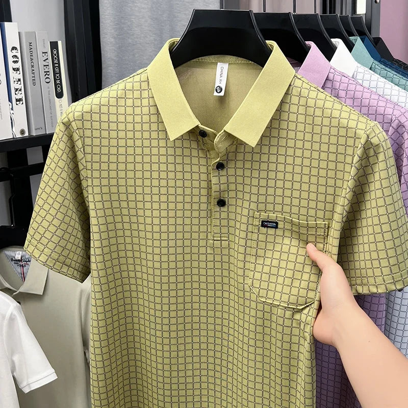 Men's Contrast Lapel Polo - Micro-Lattice Print, Chest Pocket