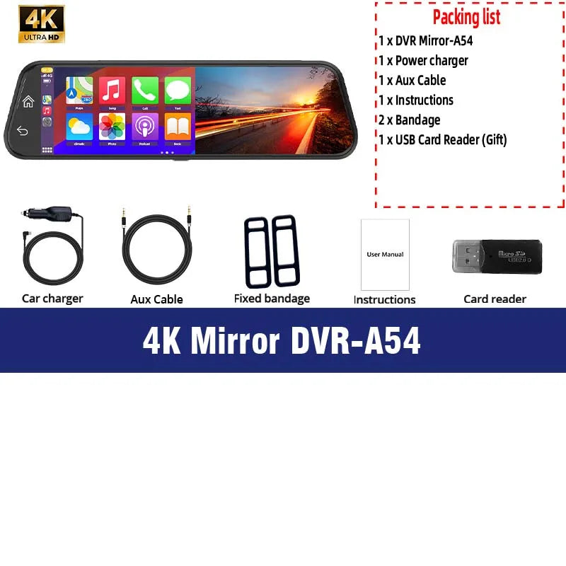 10 Inch 4K Mirror Dash Cam Suppost Wireless Carplay & Android Auto WIFI GPS Navigation Dual Lens Video Recorder Car Dvr