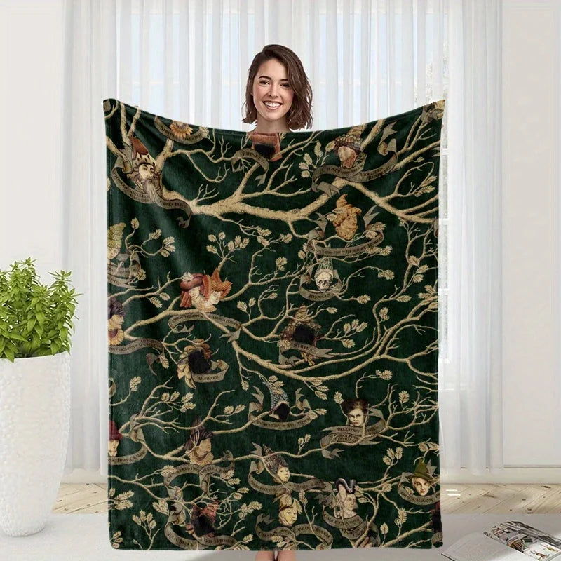 Family Tree Print Fleece Blanket, Black