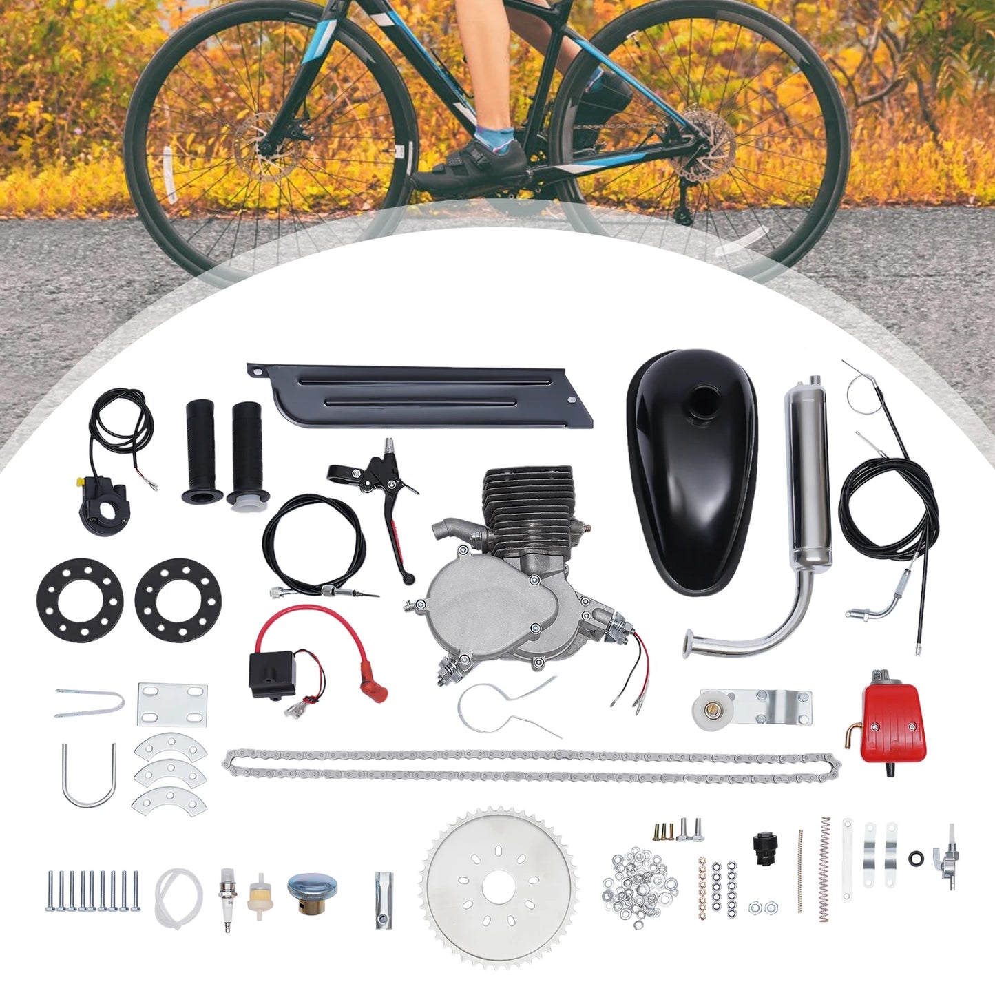 2-Stroke 100cc Bicycle Gasoline Engine Kit,36/44 Teeth Gas Motor,Petrol Engine W/ Air-Cooling System for Most 26" Or 28" Bike