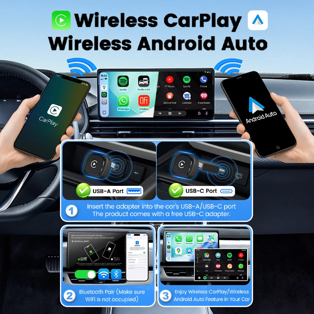 CarlinKit 5.0 Mini Ultra 4 Wireless CarPlay Android Auto  Wireless Adapter Plug &Play WiFi Bluetooth Auto Connection OTA Upgrade