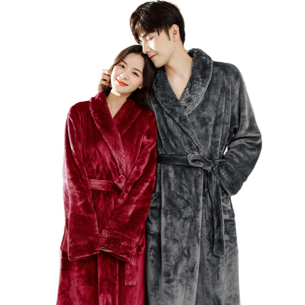 Couples Flannel Robe, Long Warm Fleece Bathrobe for Men and Women