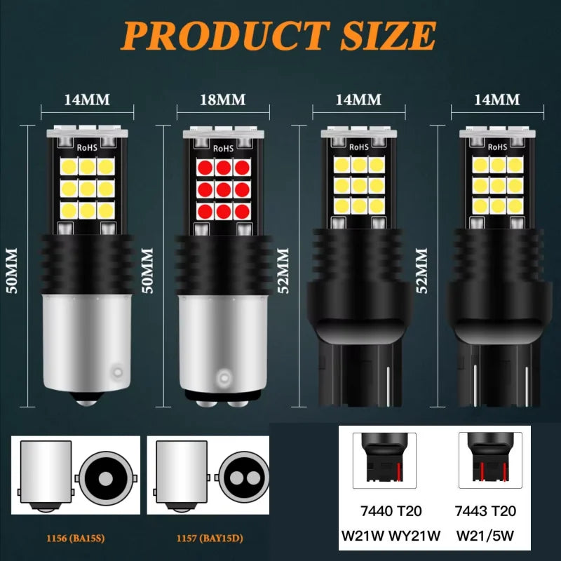 2Pcs T20 7440 Led Turn Signal Light W21W Reverse Light Bulb 3030SMD Universal Car 7443 W21/5W Amber Red Led Brake Light 12V