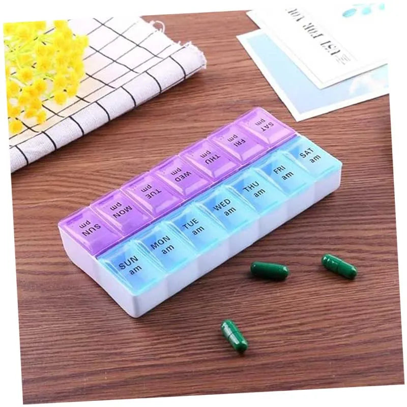 Portable 7-Day Pill Organizer, Compact 6.89x3.35 Inch, Double Row Design with Clear Lids, Ideal for Car, Vacation, Business Trip