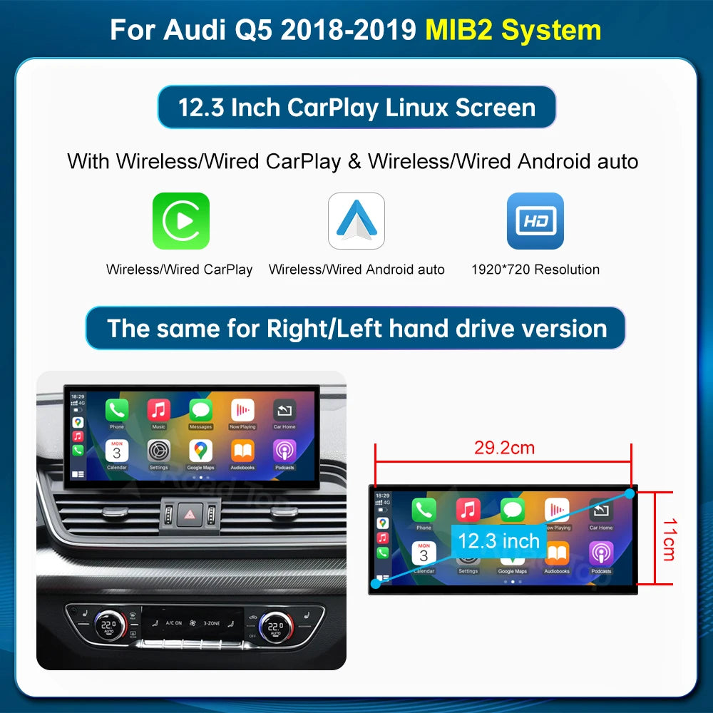 12.3" Linux Touchscreen for Audi Q5 (2018–2019) — Wireless CarPlay, Android Auto, AirPlay