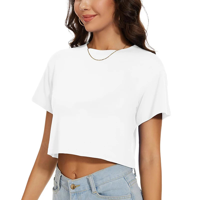 Harajuku Y2K Women's Crop Top – Casual Streetwear Short Sleeve Round Neck Loose Tee | White, Pink, Yellow | S–XL