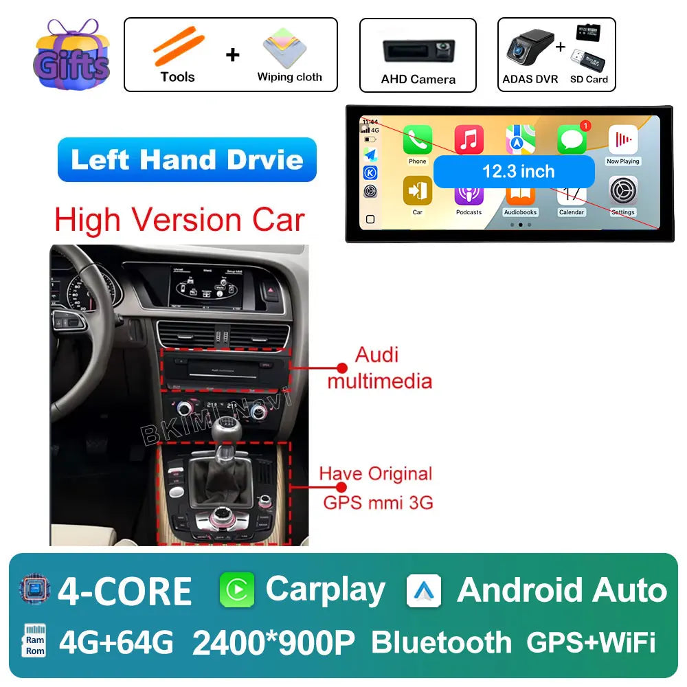 Android Car Screen for Audi A4 B8 & A5 (2009–2016) — Wireless CarPlay, GPS, 4G, DSP, Ultra-Thin Display