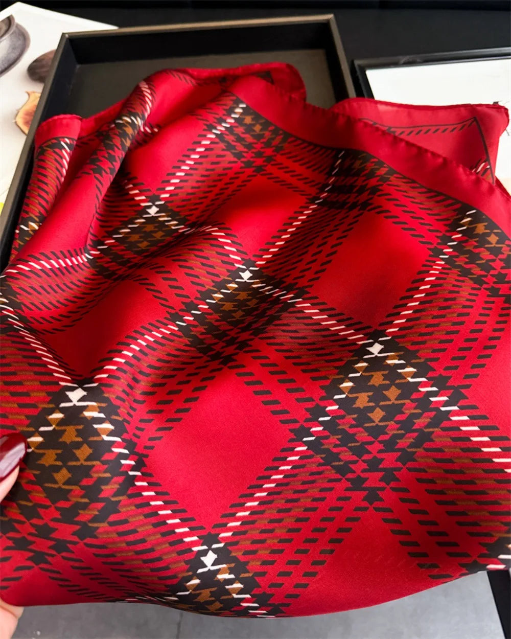 Women's Plaid Print Square Scarf - Silky Neckerchief & Hairband - photo 3