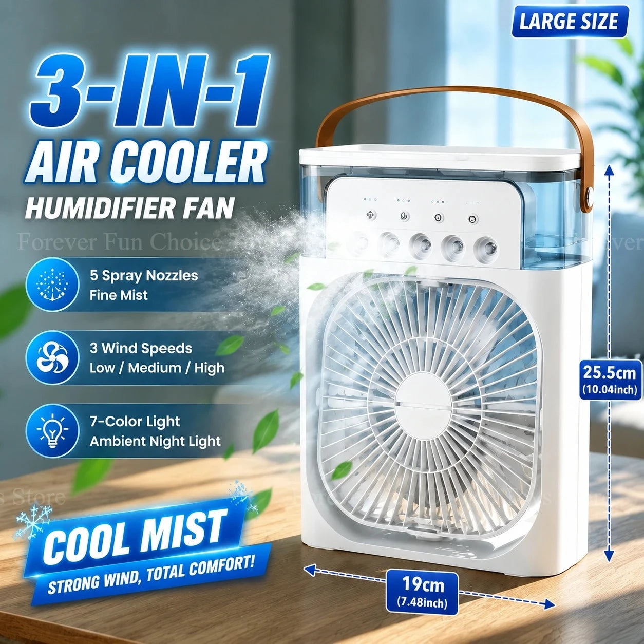 3-in-1 Portable Evaporative Air Cooler – Misting Fan, Humidifier & LED Light