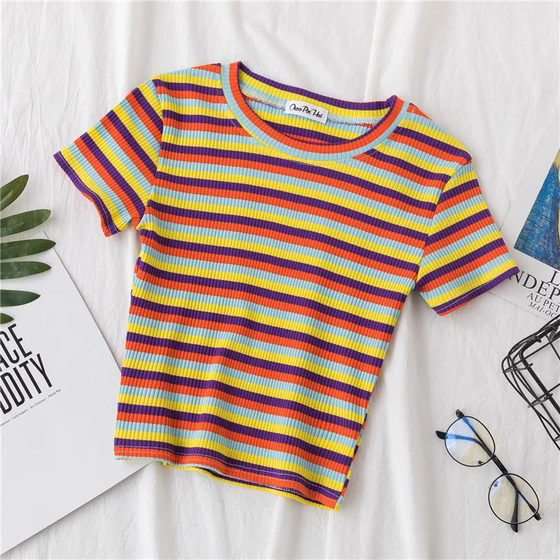 New T Shirt Women Rainbow Striped Tops Slim Fit t shirt Harajuku Tshirt Summer Short Sleeve Korean T-shirt feminina Clothes Tops