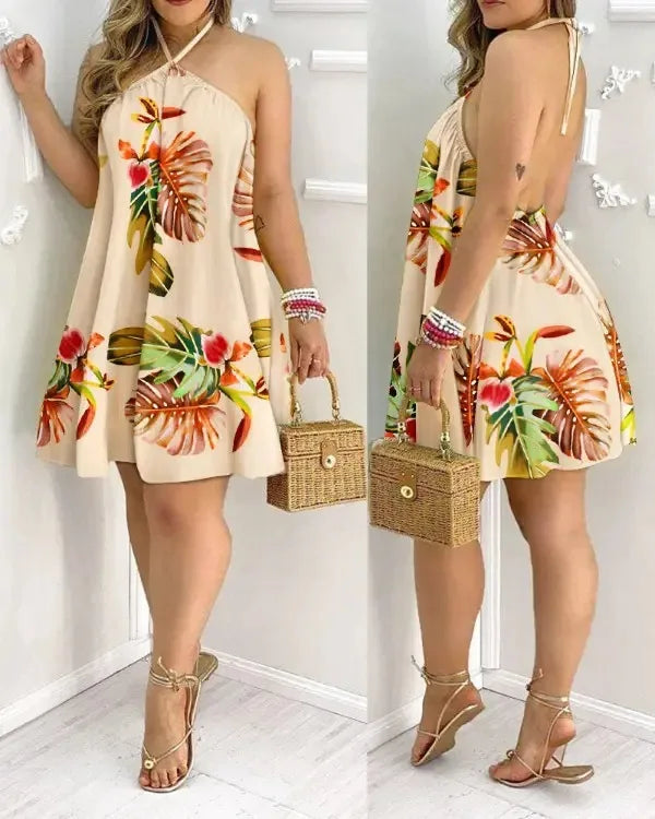 Floral Print Halter-Neck Boho Maxi Dress — Backless Summer Dress