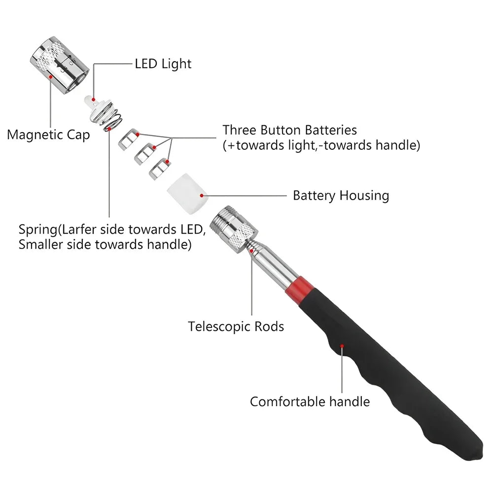 Telescopic Magnetic Pen Extendable Pickup Rod Stick with Light Mini Portable Magnet Pick Up Tool for Picking Up Screws Nut Bol