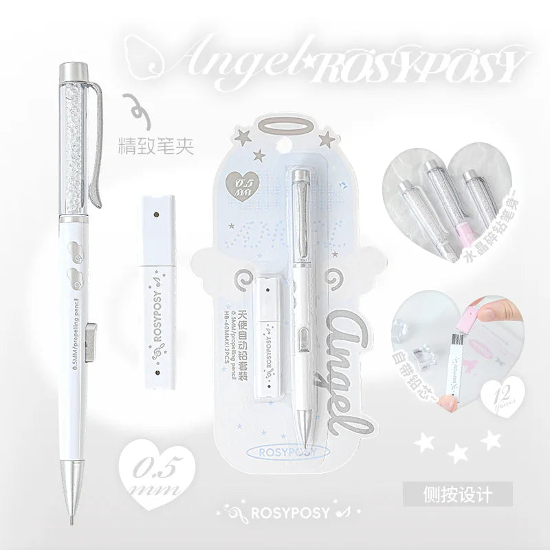 Angel Automatic Lead Set High Appearance Girl Heart Shiny Crystal Pen Holder 0.5HB Student Button Pencil and Lead Core