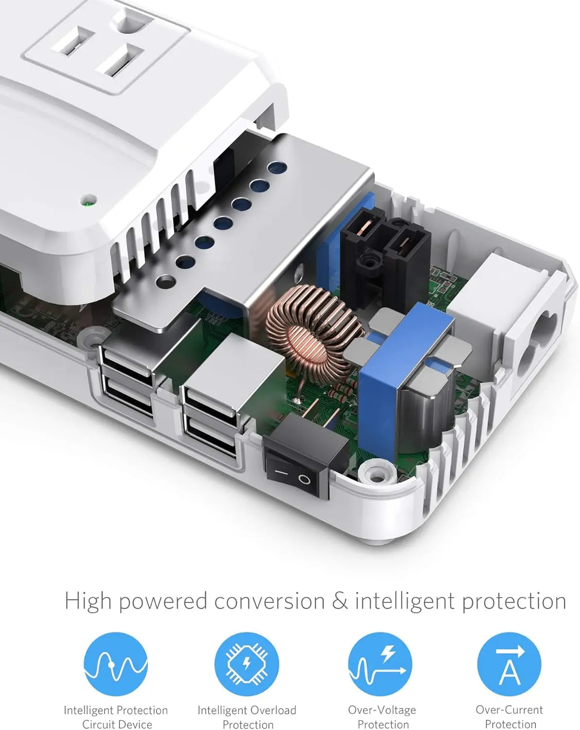 Global Travel Adapter,110-220V to 110V Converter, 250W, 6A 4-Port USB Charger, 3 AC Outlets, Fits EU/UK/AU/US/India Plugs