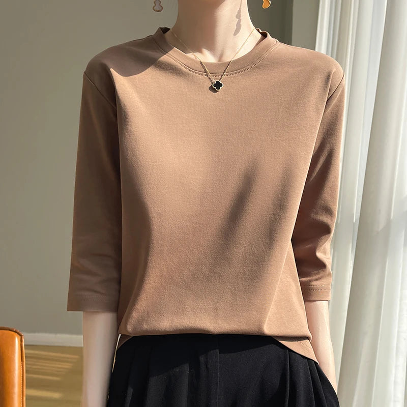 Women's Mercerized Cotton T-Shirt — Loose Round-Neck Half-Sleeve Top