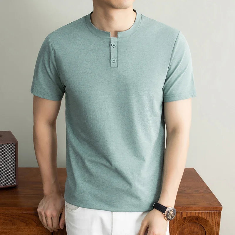 Men's Thin-Knit Henley - Two-Button Split Neck, Slim Elastic Fit