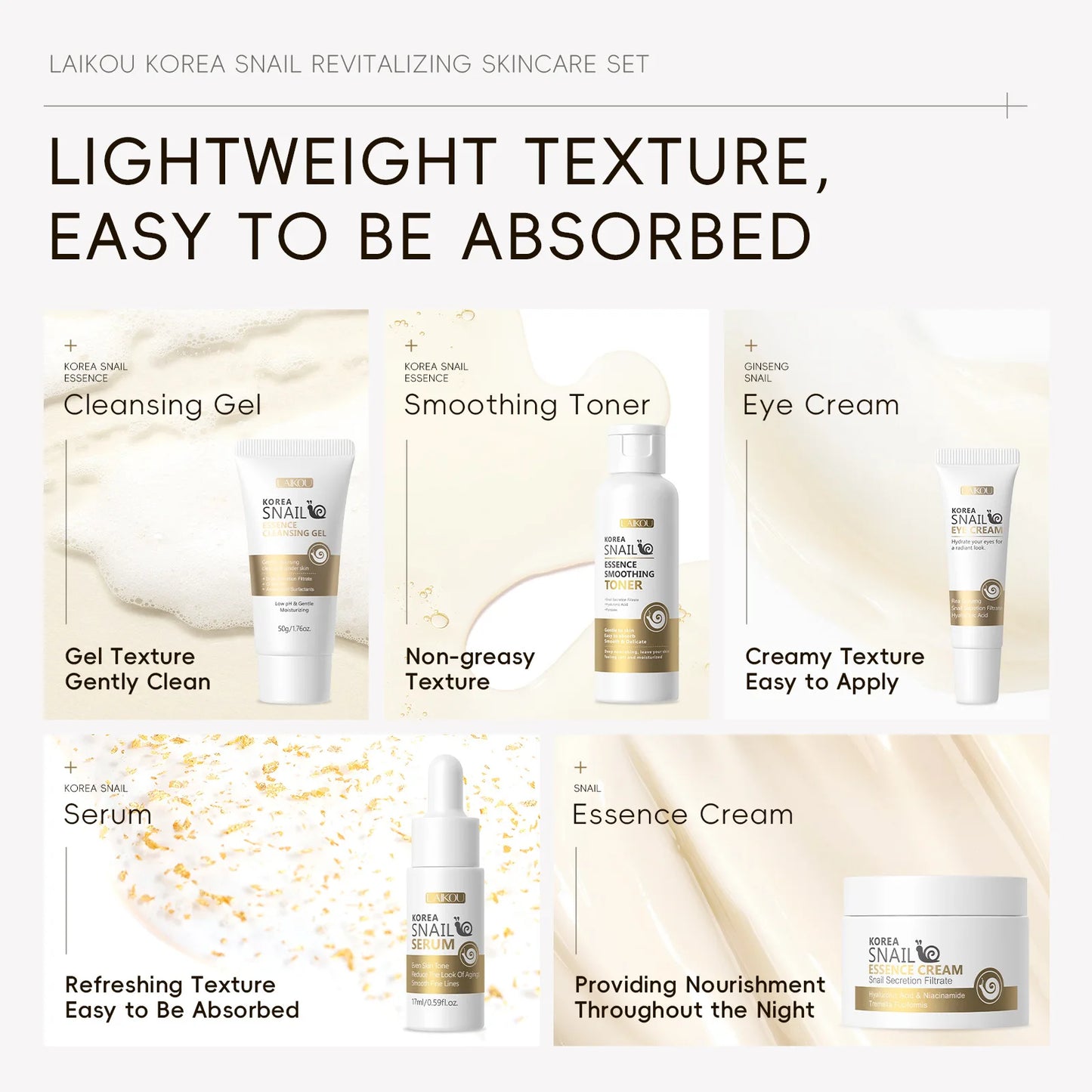 5pcs/set LAIKOU Snail Skin Care Moisturizing Renewing Skincare Collection Anti Wrinkle Hydrating Anti-aging Skin Care Cosmetics