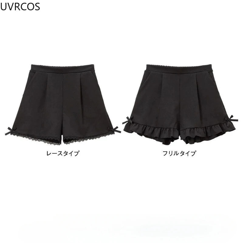 Japanese Gothic Y2k Lolita Shorts Women's Sweet Ruffles Bow High Waist Short Pants Cute Girls Harajuku Casual Loose Black Shorts