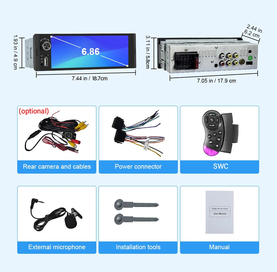 6.86" 1-DIN Universal Car Stereo — Wireless CarPlay, Android Auto, Bluetooth, USB/AUX