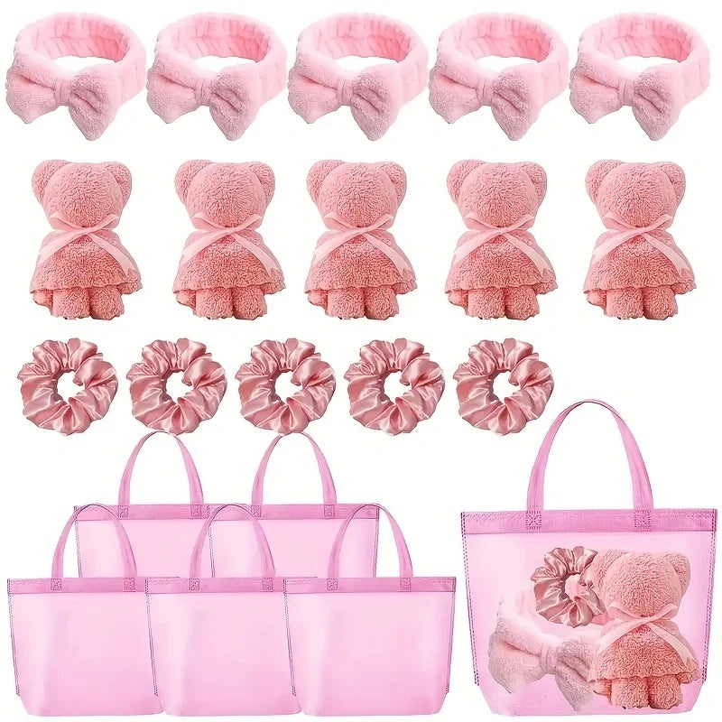 20 Spa Gift Set -5 Polyester Large Bags, 5 Headbands, 5 Hair Rings, 5 Bear Shaped Fabrics - Perfect for Bridal Showers, Singles'