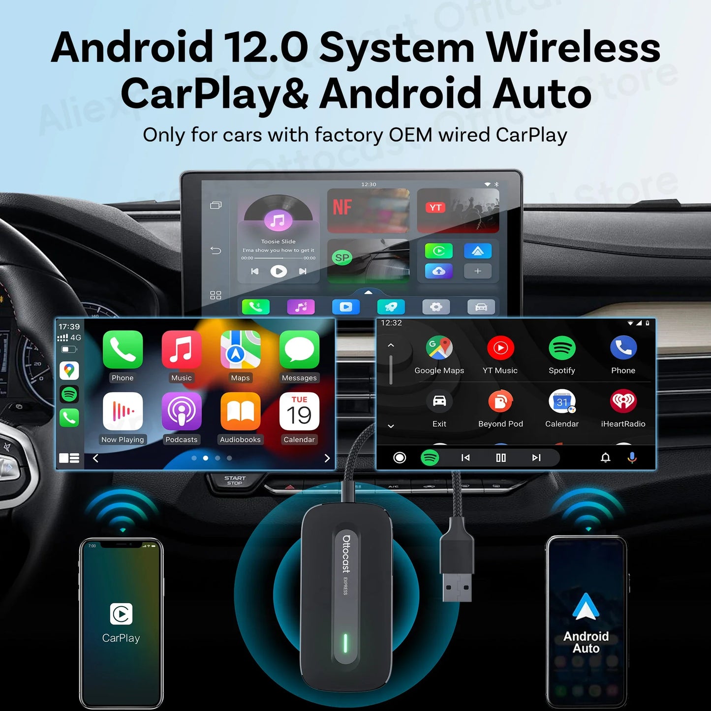 OTTOCAST Play2Video Express Wireless CarPlay & Android Auto Adapter — Streaming App Support