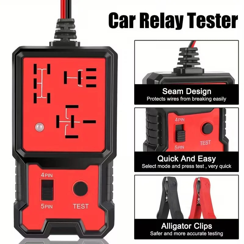 Compact 12V Automotive Relay Tester with Battery Clamp - Easy-To-Use 4-Pin and 5-Pin Relay Tester with Clear Terminal Display, Spdt Switch and Copper Contacts, Hard-Wired/Battery-Powered (Battery Not Included), Suitable for E