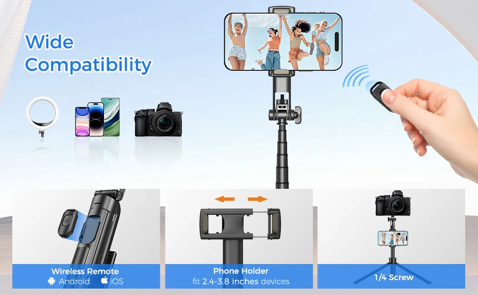 Selfie Stick Travel Tripod for Cell Phone with Remote Control and Phone Holder, Extendable Selfie Stick for iPhone, iPhone Tripod for Video Recording, 50 Inch, Black