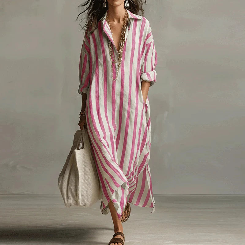 Vintage Printed Maxi Dresses For Women Casual Striped Printed Loose Beach Holiday Long Dresses For Women Party Dress Boho
