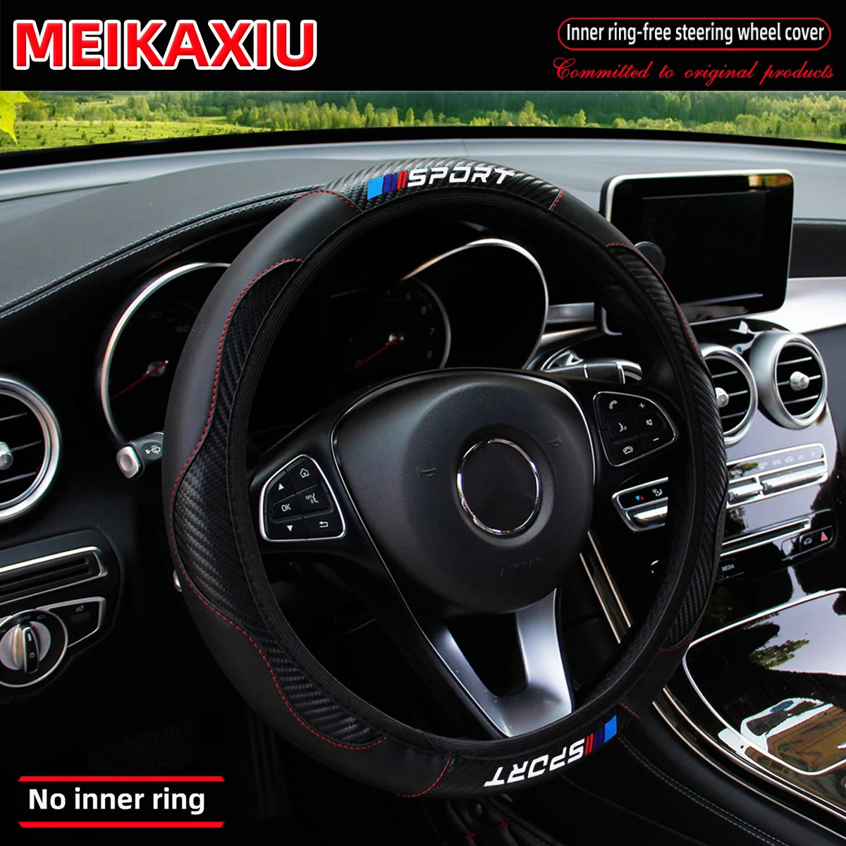 Carbon fiber leather SPORT car rimless steering wheel cover is suitable for 14.5 - 15-inch steering wheels as decoration items.