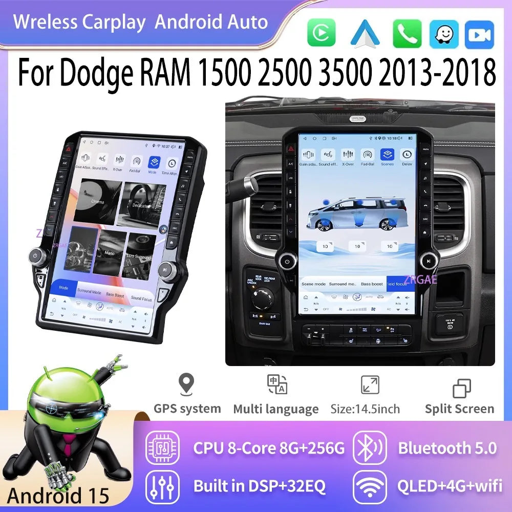 14.5" Android 15 Car radio multimedia player For Dodge RAM 1500 2500 3500 2013-2018 GPS Navigation Tesla Screen Wireless Carplay