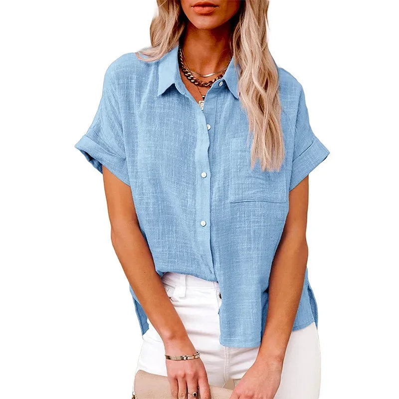 Women's Cotton-Linen Blouse — Loose Short-Sleeve Casual Summer Top