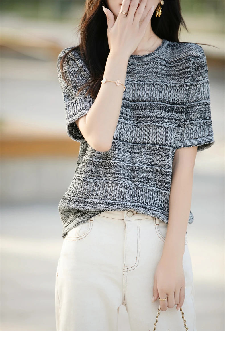 Women's T-Shirt Summer 100% Cotton Sweater Short Sleeve Striped Knitted Round Neck Ladies Tops Loose Blouse Pullover Tees