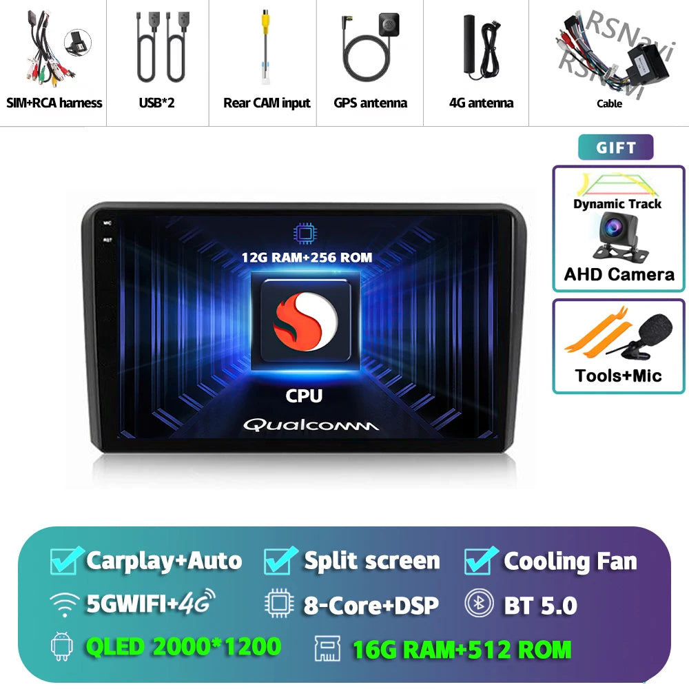 Android 16 Carplay Auto GPS Navigation For Audi A3 8P 2003 - 2013 Radio Multimedia Player 2Din Head Unit Video Stereo Car Radio