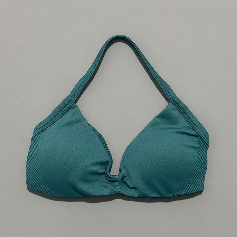 HISTELLO Df Solid Color Impact Strappy Bra Women Seamless Yoga Underwear Fitness Workout Halter Top Running Gym Sports Bra