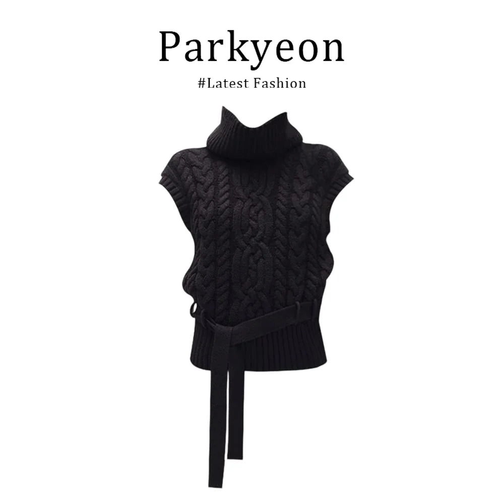 Women's Knitted Sweater Vest Winter Fashion High Collar Sleeveless Twist Flower Patterned Belted Short Top Street Style Loose...
