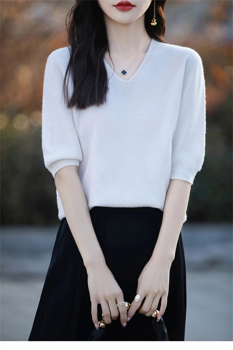 RONGYI Spring/Summer 2026 Ladies Sweater Pullover Solid Color V-neck Half-sleeved Knitted Cashmere Sweater Thin Casual Top
