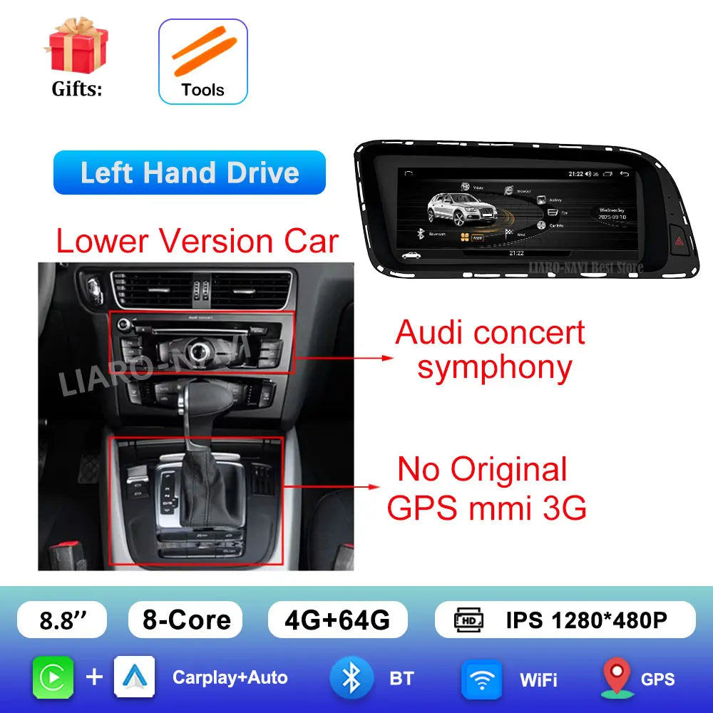 Android 16 for Audi Q5 2026 - 2026 HD Screen Car Radio Video Multimedia Player 8.8 inch BT 4G Carplay DSP Stereo WiFi Auto Tools