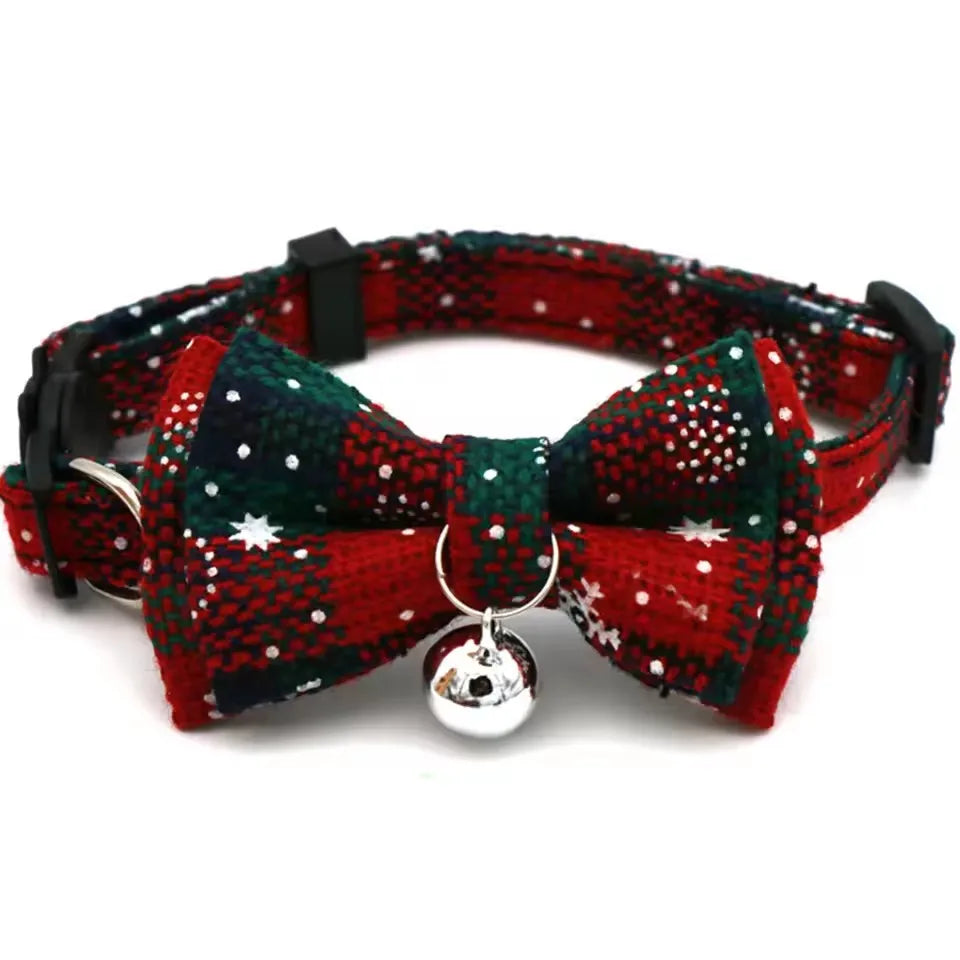 Pet Breakaway Cat Collar with Bow Tie & Bell, Cute Red Plaid Christmas Adjustable Elastic Dog Collar, Small Pet Neck Accessory