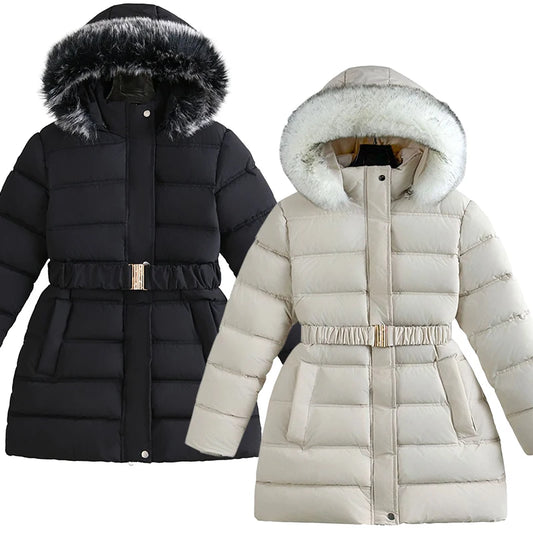 Girls Belted Hooded Parka - Mid-Length Plush Winter Coat, 5-12 Years