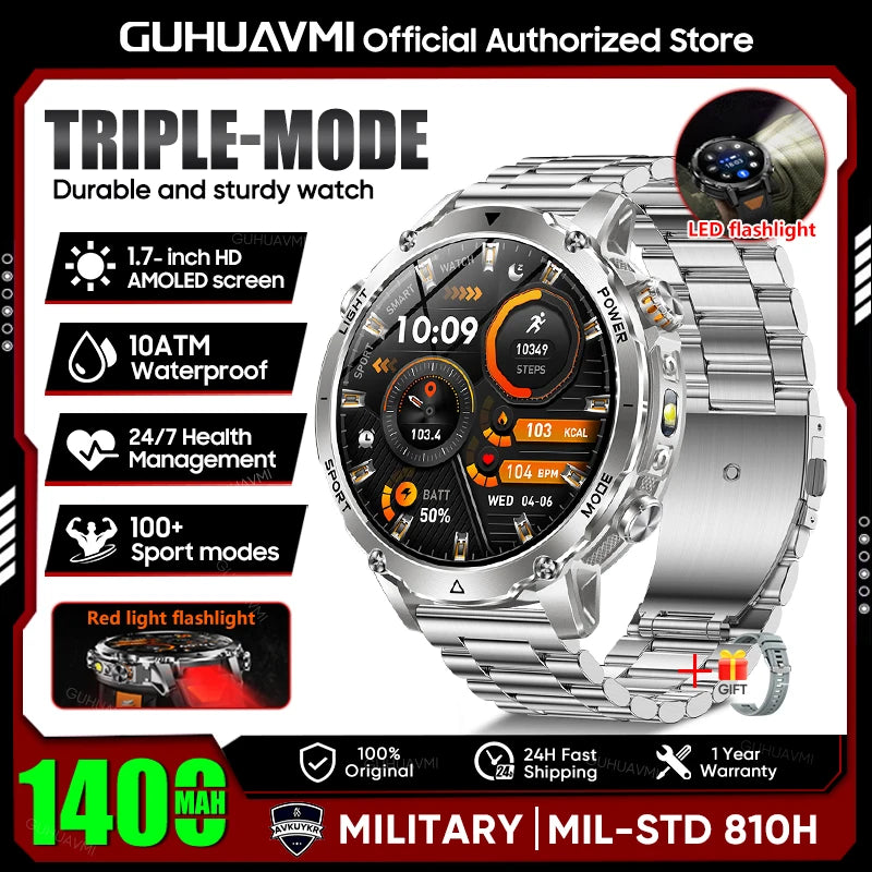 Rugged Outdoor Smart Watch — 1400mAh, 10ATM, Torch & BT Call