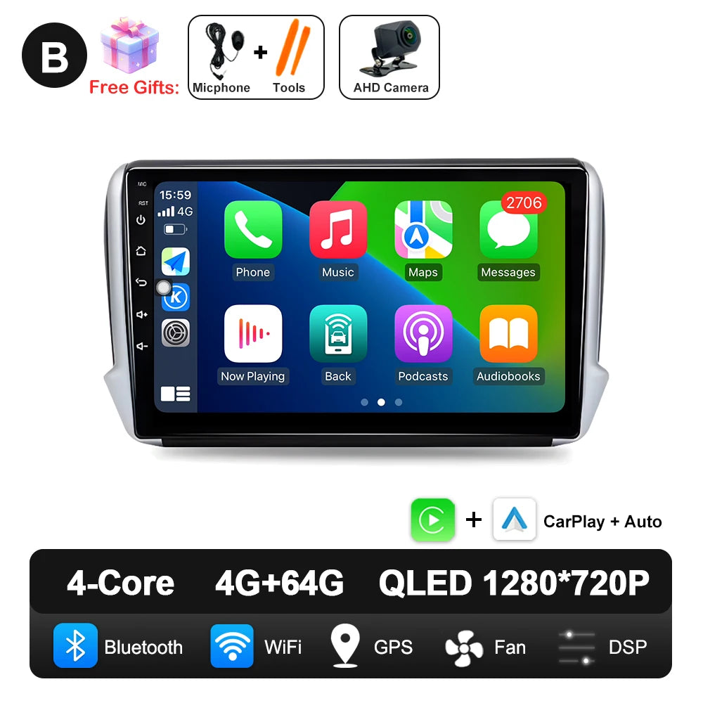 Car Stereo with Apple CarPlay & Android Auto, Compatible with Peugeot 2008 & 208 (2012-2018)
