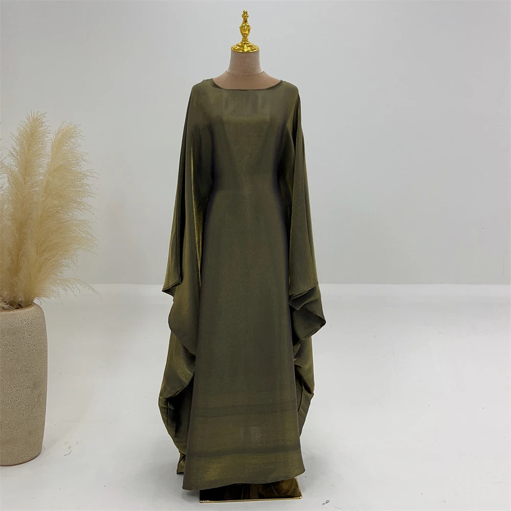 Shimmer Batwing Satin Abaya – Luxury Muslim Kaftan Dress for Eid & Ramadan