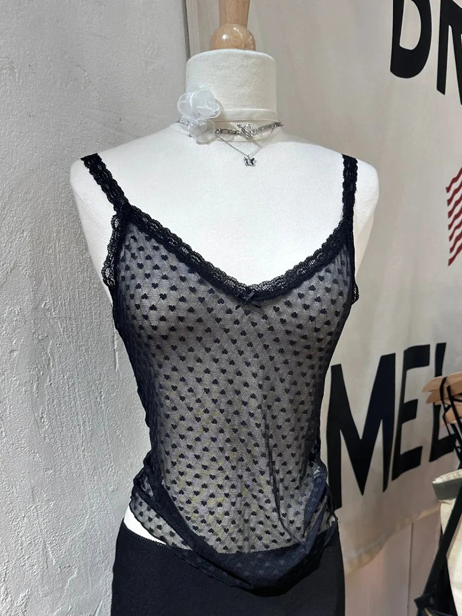 New Blue Lace Transparent Tank Tops Summer Bow Sexy V Neck Sleevless Slim Thin Camis Women Vintage Solid Sweet Mesh Crop Top