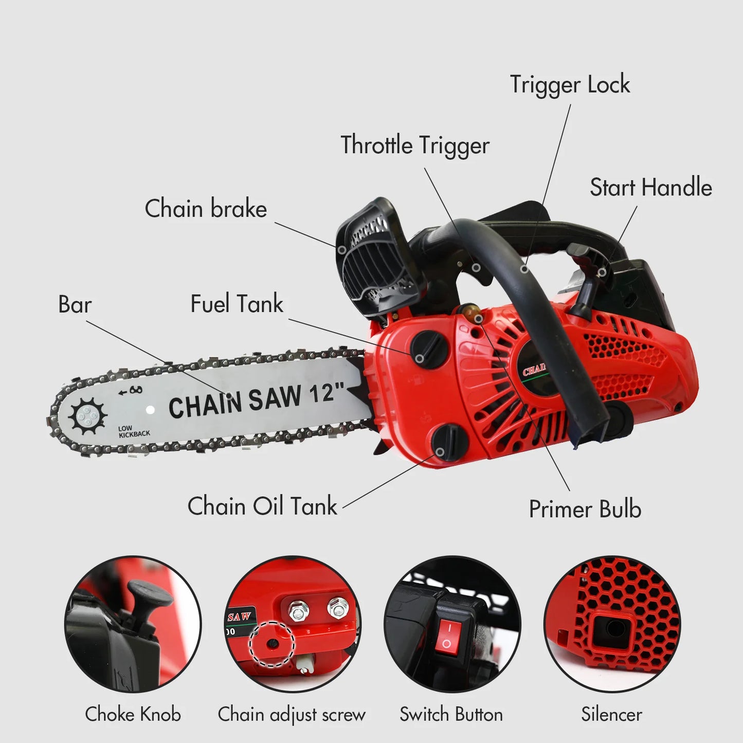 12" Gasoline Chainsaw — 25.4cc Lightweight Portable Saw for Tree & Branch Cutting