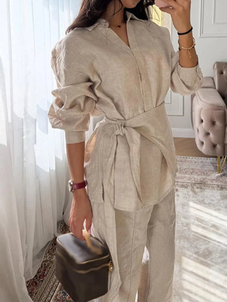 Linen Lace-Up Shirt & Wide-Leg Pants Set — Women's 2-Piece